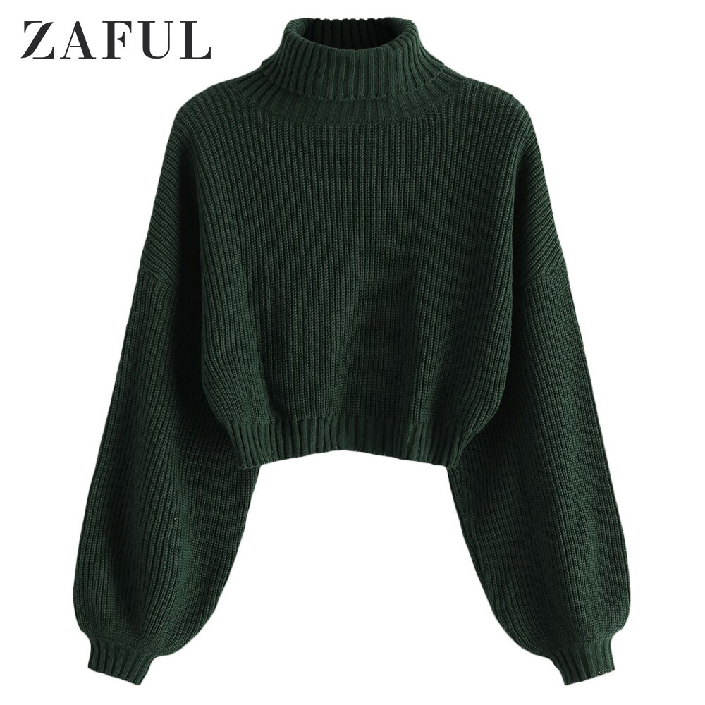 Zaful Coltrui Lange Lantaarn Mouwen Cropped Trui Roll Neck Schouder Solid Jumper Korte Elastische Vrouwen Truien Trui: Green / S