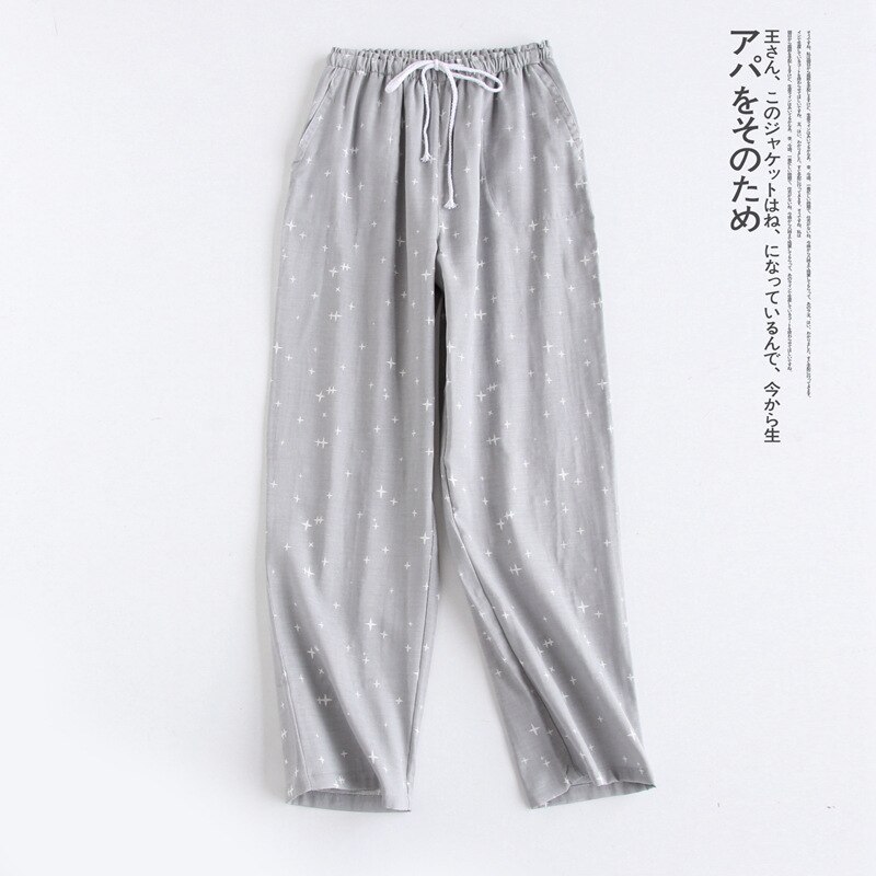 Herfst Katoen Dubbel Gaas Sleep Bottoms Paar Eenvoudige Sterren Pyjamabroek Vrouwen Losse Lounge Dragen Elastische Taille Thuis Kleren: Women gray / Xl