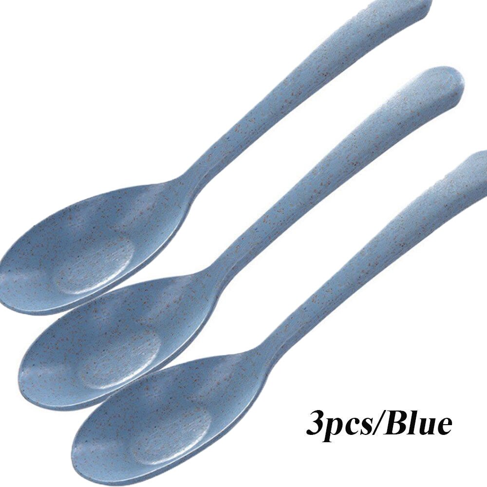 1/3PCS Eco Friendly Wheat Straw Kids Soup Spoon Portable Long Handle Rice Spoon Tableware Home Flatware Kitchen Tool: 3pcs-Blue