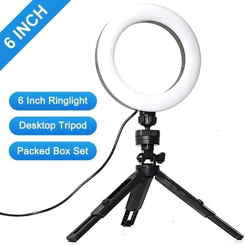 6- tums led-ringlampa för selfie med stativ, usb-kontakt, dimbar, fotograferingsbelysning med telefon, för video, youtuber, vlogg, set