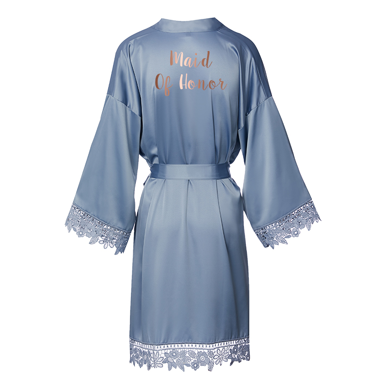 Dusty Blue Matt Satin Lace Robe with Trim Gown Bridal Wedding Bride Robes Bridesmaid Kimono Robe Bridal Robes: D blue maid honor / plus size XXL