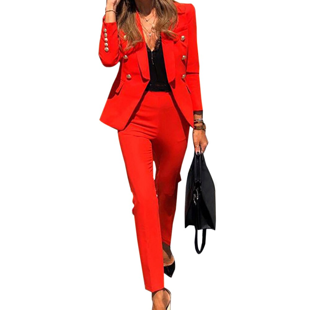 Elegante Blazers Twee Delige Set Vrouwen Notched Lange Mouwen Blazers Jas + Potlood Broek Office Business Trainingspak Outfits: Red / XL