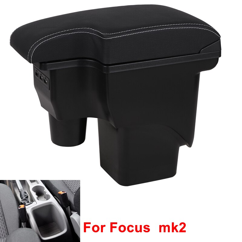 Reposabrazos para Ford Focus Mk2, compartimento central de almacenamiento, accesorios de decoración de estilo de coche, doble capa, gran espacio: A3 black leather