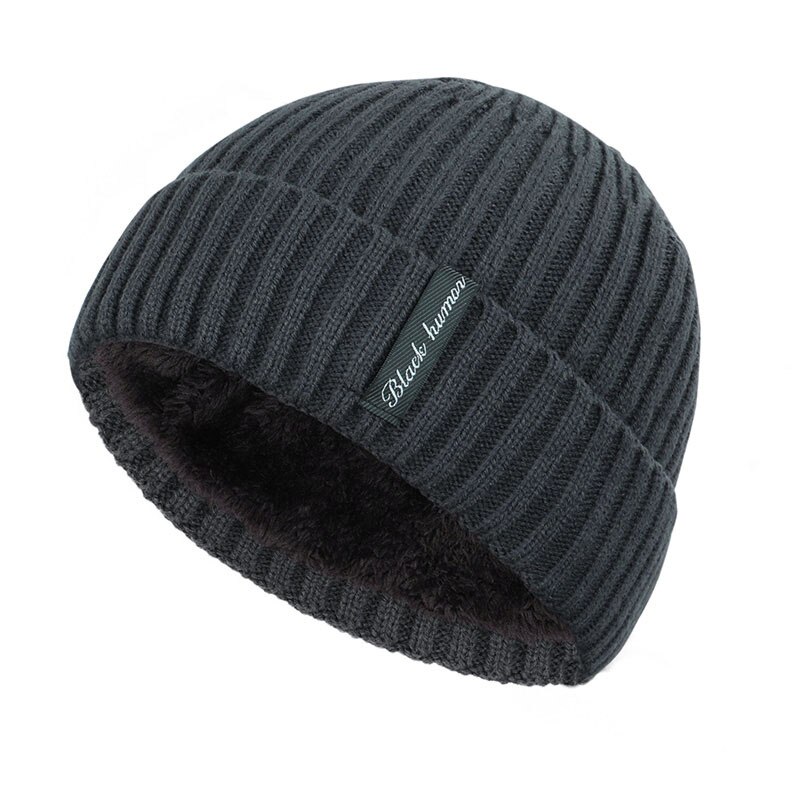 Gorro de invierno para hombre , gorro de punto grueso de terciopelo con etiqueta de letras para invierno para hombre y mujer, gorro grueso para exteriores, grueso, informal para hombre: Gray