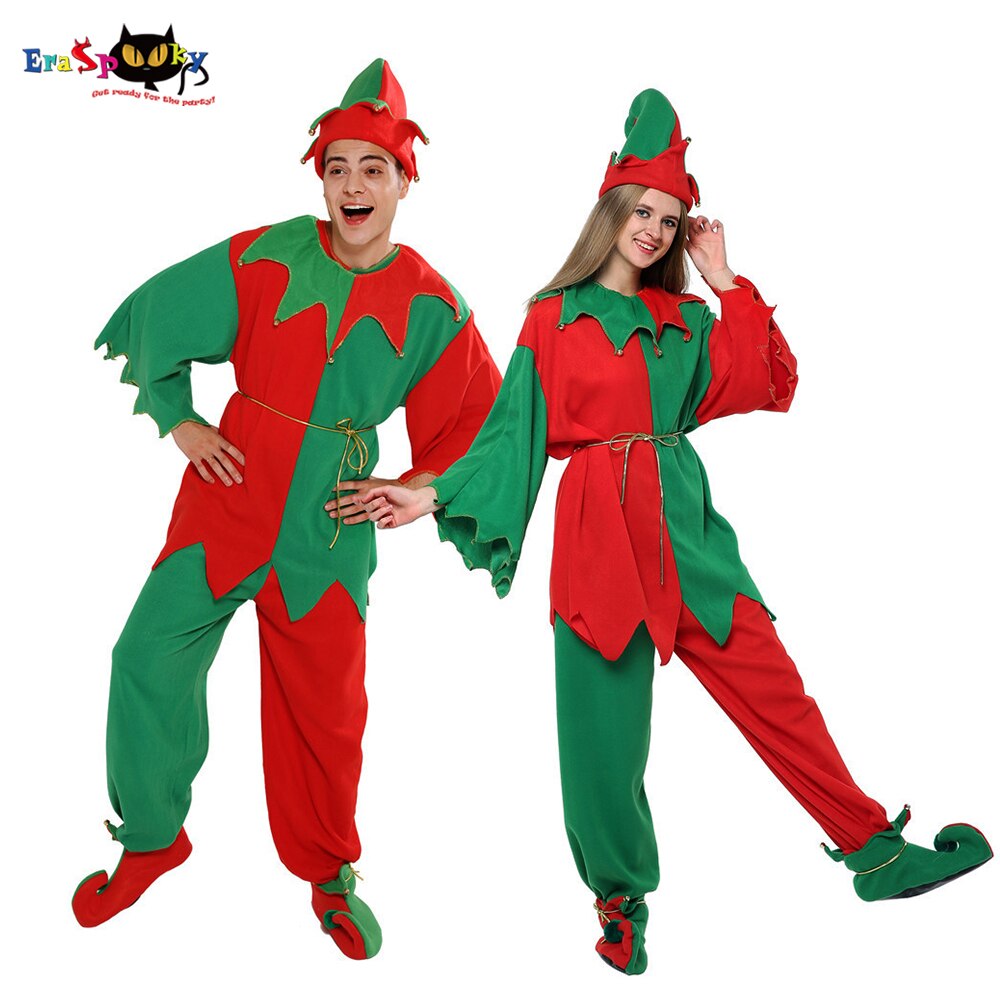 Eraspooky Unisex Plus Size Christmas Elf Cosplay Santa Claus Costume Santa Helper Suits For Adult Men Women Year Fancy Dress