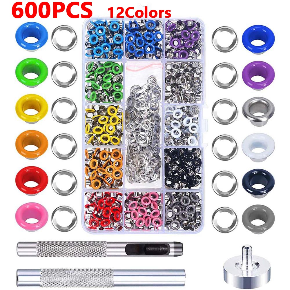 300/360/500/600Sets 5mm Grommet Rings Sets Punch Eyelets Colorful Grommet Kit Metal Eyelets Set with Install Tool: 600pcs