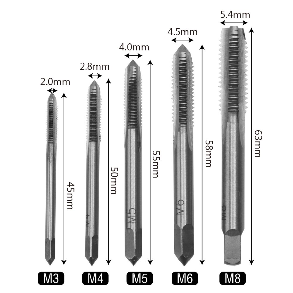 DIYWORK 5pcs/lot HSS M3 M4 M5 M6 M8 Thread Tap Drill Machine Spiral Point Straight Fluted Screw Thread Metric Plug Hand Drill