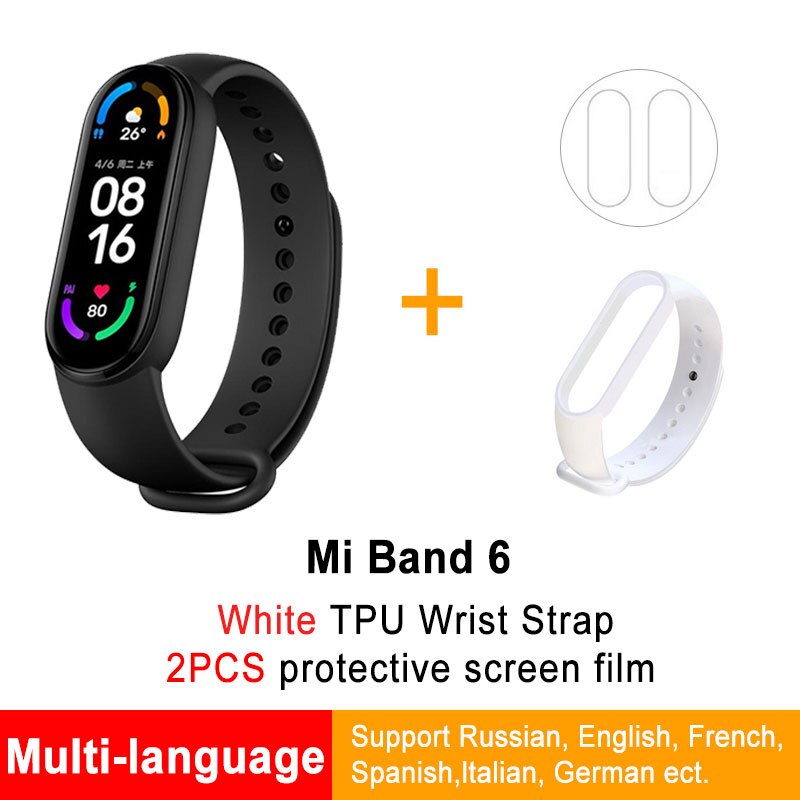 Global Version Xiaomi Mi Band 6 Smart optional Bracelet Color Blood Oxygen Fitness Traker Heart Rate Bluetooth Waterproof: GB 2Flims WH