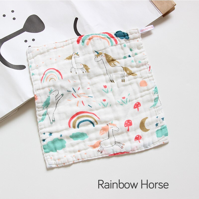 Babyhandduk sex lager gasväv med hög densitet fyrkantig tvättbar seersucker tryckt fyrkantig salivhandduk dagishandduk