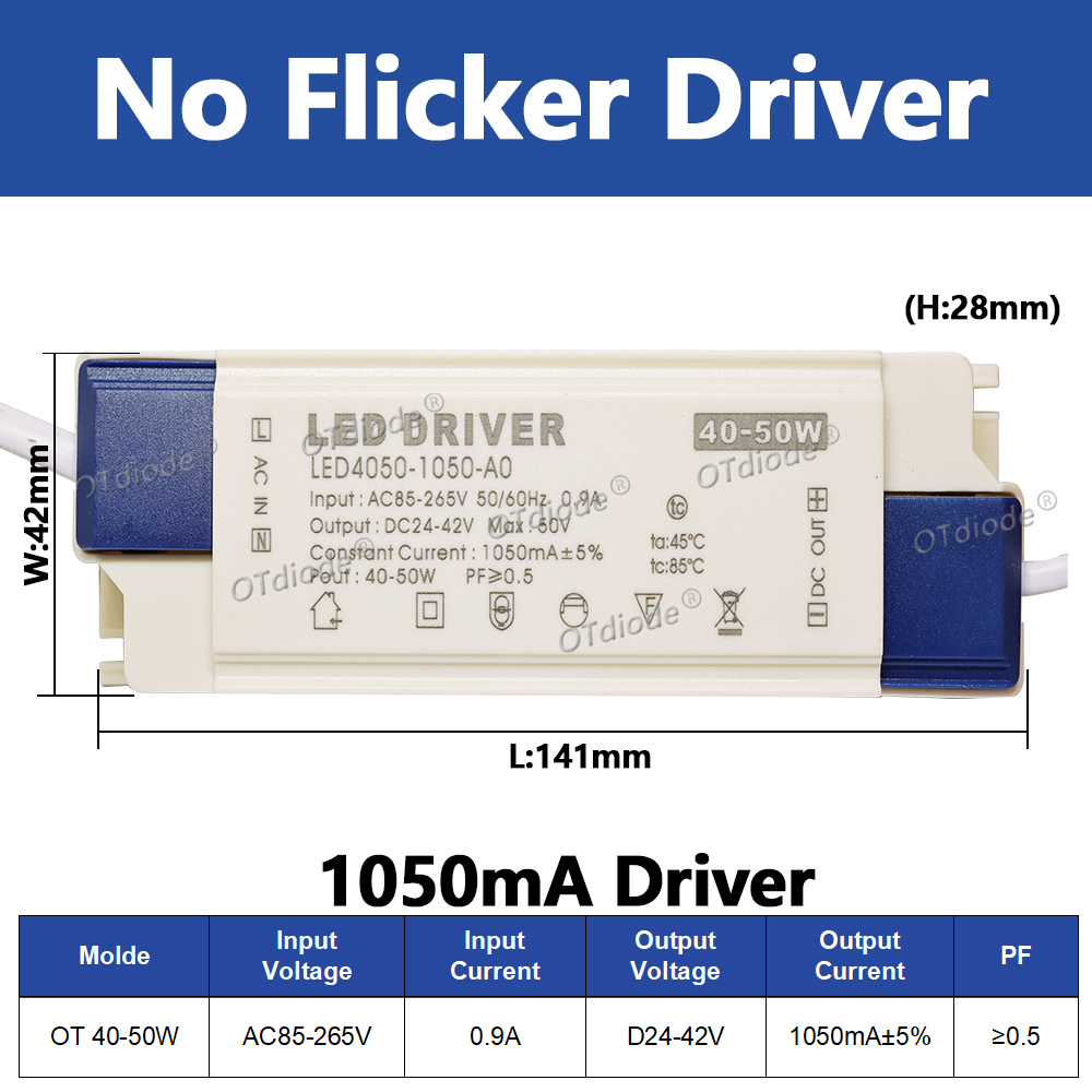Transformateur de pilote LED 20W-50W DC24-42V 500mA 600mA 700mA 800mA 900mA 1000mA 1200mA 1500mA, alimentation sans scintillement, remplacement de la durée de vie: GRIS