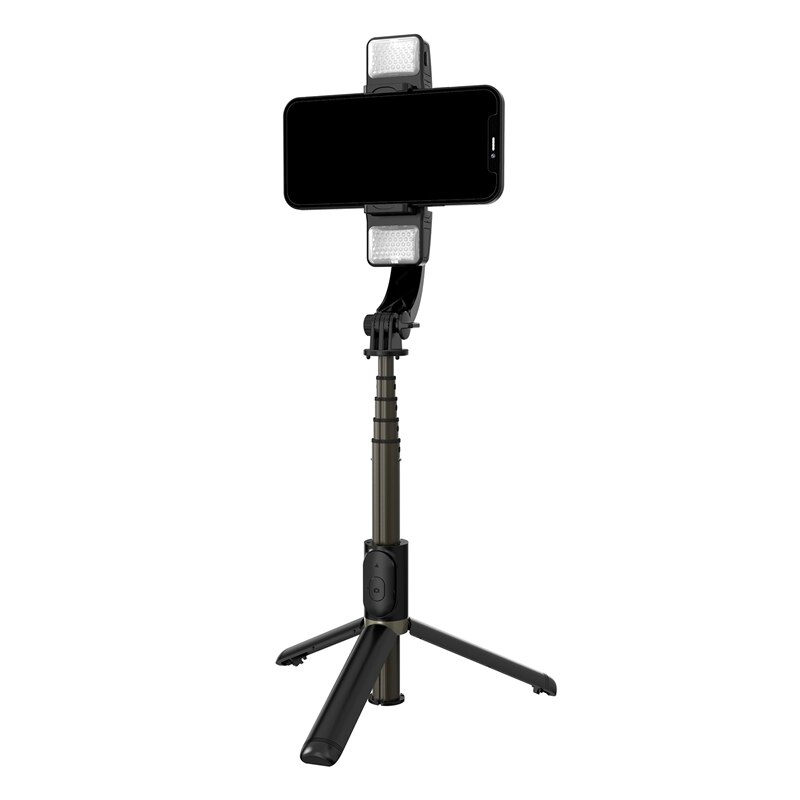 Kabelloser bluetooth-selfie-stick mit doppelter aufhellbeleuchtung, stabilisator, anti-shake-funktion und multifunktionaler handyhalterung für ios und android