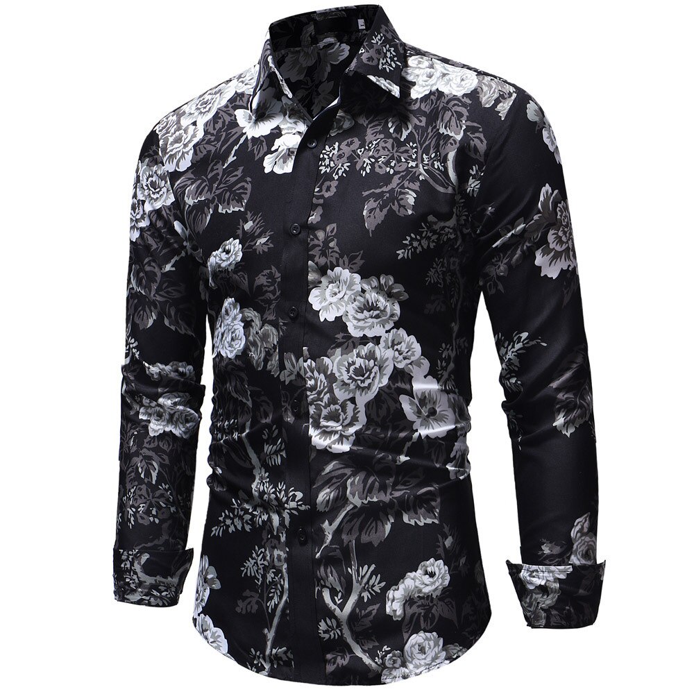 Efterår herre skjorte med blomsterprint til mænd langærmet 3d print langærmet skjorte herre slim fit blomsterskjorte toppe m -3xl