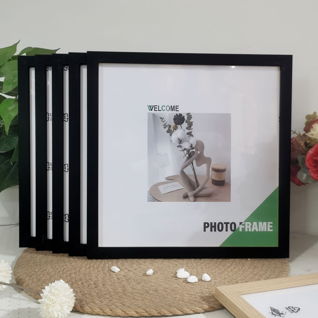 5pc fyrkantiga fotoramar, set med  - 15/20/25/30cm träväggar och bordsdekorationer, minnesdekorationer för bröllop/tavelvägg, (4 storlekar: 7 tum / Svart