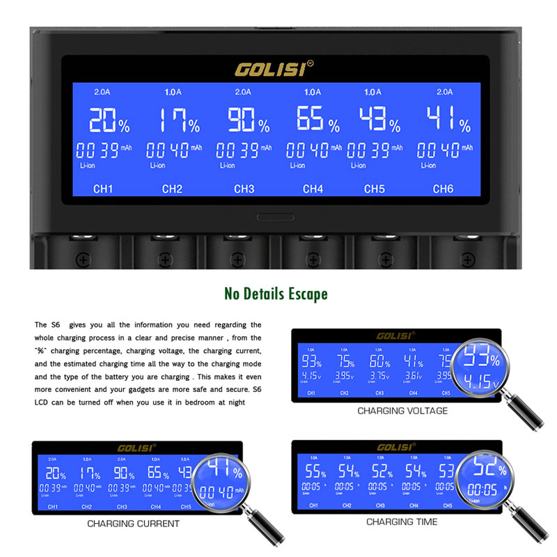 Original Golisi S6 Akku-Ladegerät, 6 Steckplätze, 2 A, Schnelllade-LCD-Anzeige, passend für 18650 21700 20700 18350 26650 AA AAA Li-Ion Akku