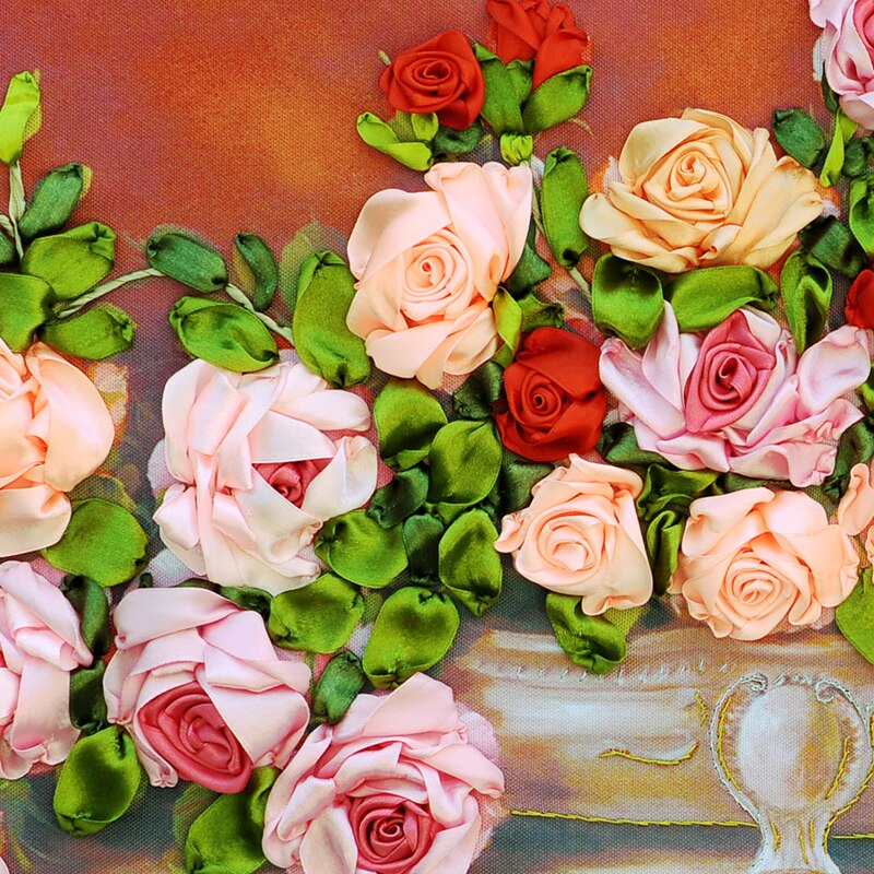 Fita bordado diy pintura em tela, cor impressa flores imagem rosa, bordado artesanato kit ponto cruz decoração da parede C-0094
