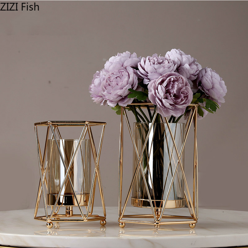 Creatieve Nordic metalen ijzer geometrische glas Goud vaas woonkamer decoratie bloemstuk Moderne woninginrichting vazen