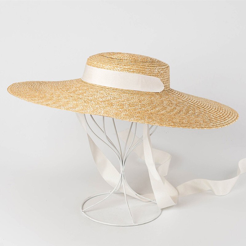 Wide brim boater hat 15cm brim stråhatt flat kvinner kentucky derby lue hvit bånd slips solhatt beach cap