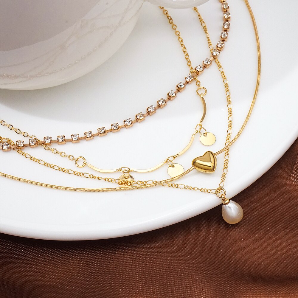 EN – Bracelet de cheville rétro pour femmes, ensemble de 4 pièces, goutte d'eau, perle, cœur, paillettes, style bohème, bijoux de plage, à la