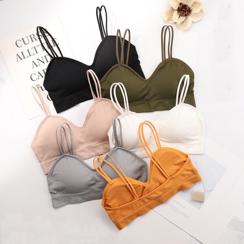 Seamless Bra Women Beauty Back Solid Color Striped Wire Free Cotton Padded Stretchy Comfortable Bralette