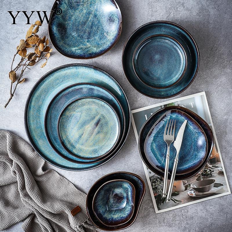 2 unids/lote horno vajilla de cerámica vidriada cambiante Ramen de forma Irregular plato aperitivo de la placa de la cena de porcelana vajilla conjunto