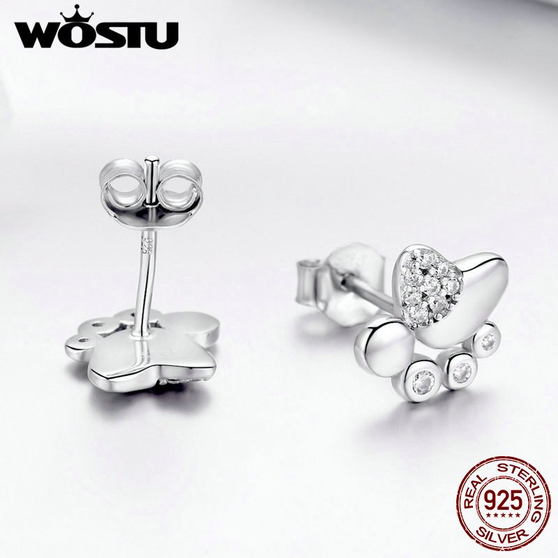 WOSTU 925 Sterling Silver Footprints Dog Paw Small Stud Earrings For Women Wedding Luxury Silver Earrings 925 Jewelry FNE033