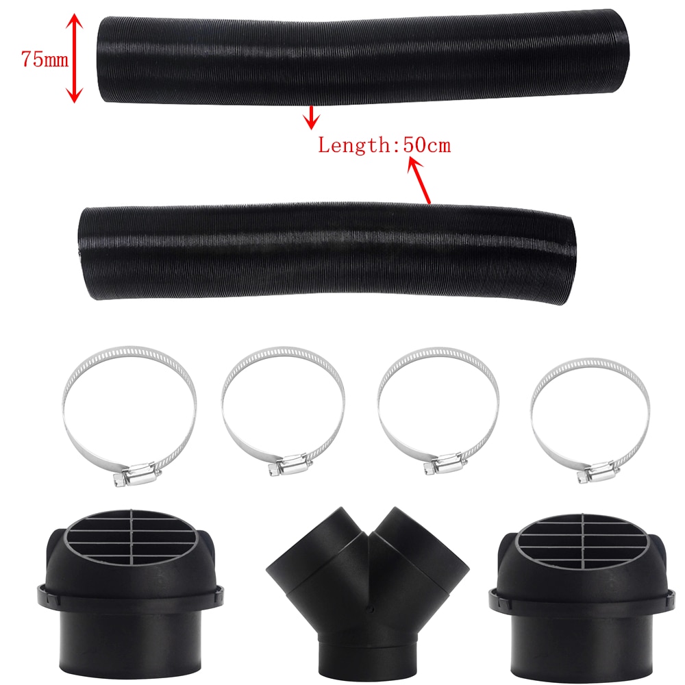 75mm Car Heater Air Outlet +Parking Heater Air Vent + Ducting Y Branch + 4Pcs Hose Clip For Parking Diesel Heater Replacement: as picture show