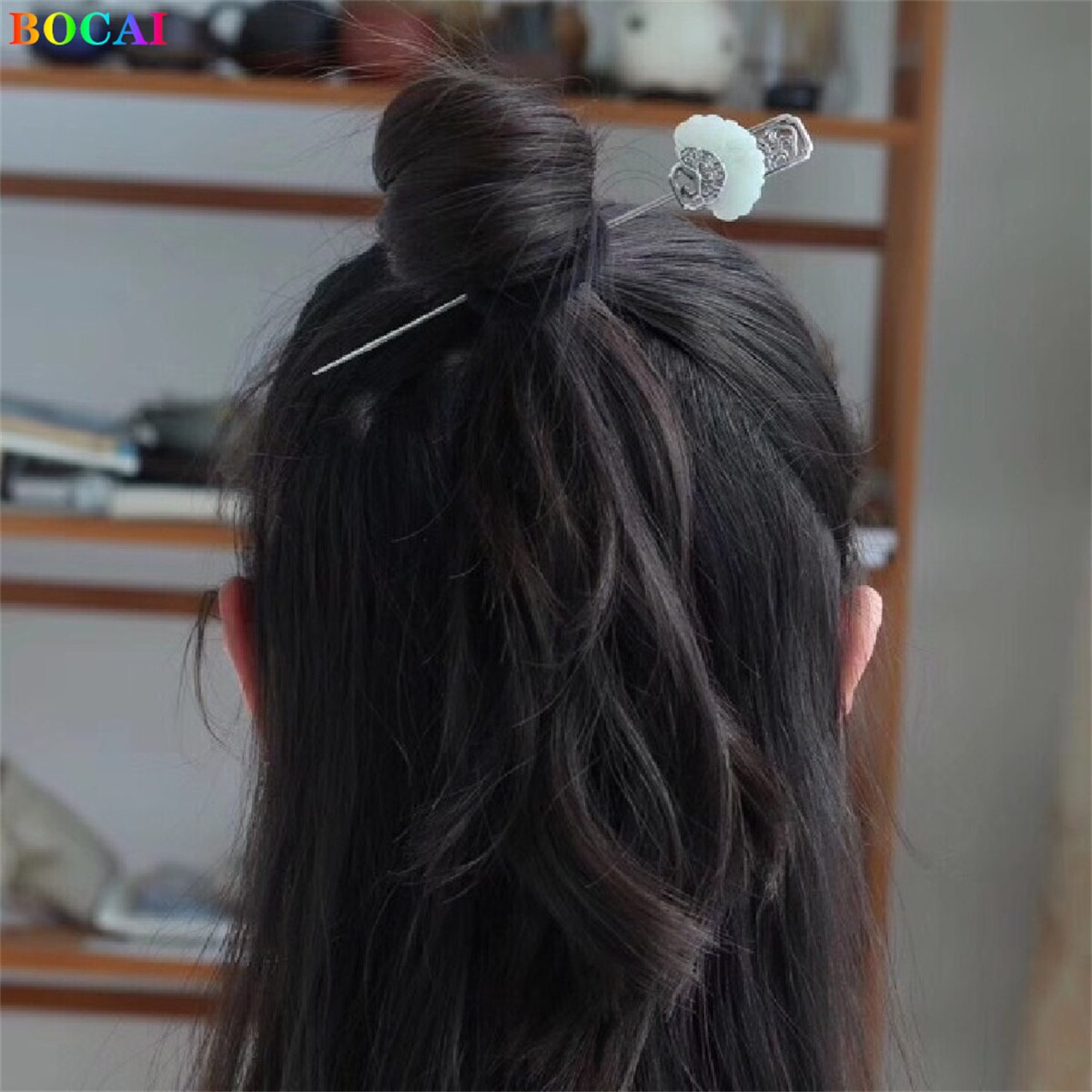 Bocai  s925 haaraccessoires aus sterlingsilber, beliebter retro-totem-jadequasten-kopfschmuck, haarnadelschmuck aus reinem silber für damen