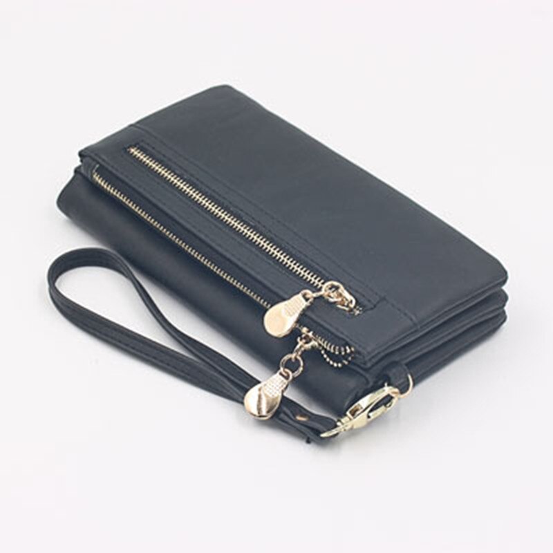 Women's Long Wallet Female High Capacity Double Zippers Clutch Purse Wristlet Women's Purse Long PU Leather: Black