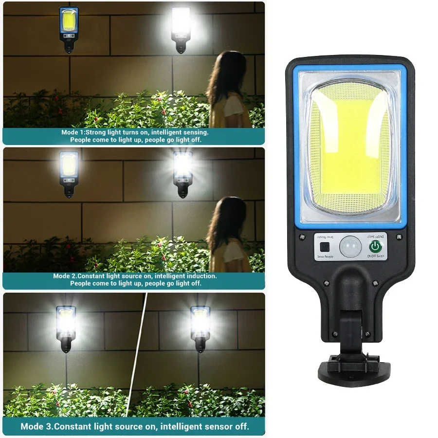 Outdoor Solar COB-straatverlichting met 3-lichtmodus Bewegingssensor Wandlamp Oplaadbare tuin Binnenplaats Yard Path Beveiligingslamp