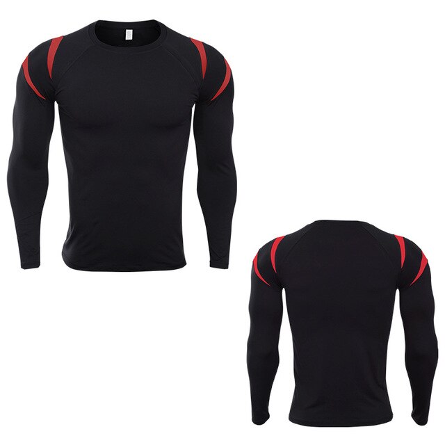 Men Long Sleeve Bodybuilding Sport Running Shirt Breathable Basketball Soccer Training Fitness T Shirt Gym Clothing Sportswear: black red / Asian size XL