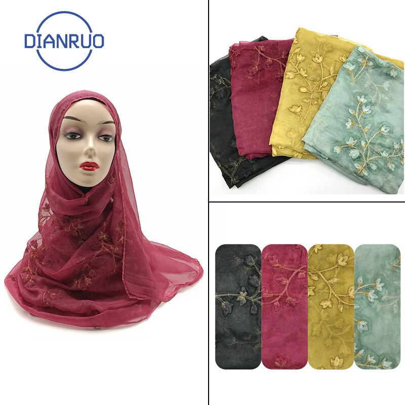 Dianruo nyeste kvinder sommer tyndt åndbart tørklæde solid broderet tørklæde blød chiffon hijab damer wrap sjal tørklæde  r164