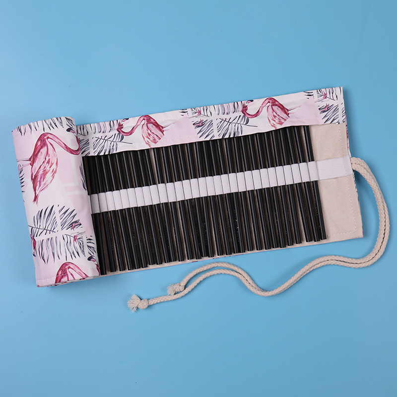 Handmade Canvas Pencil Wrap Roll Up Case Holder Bohemian Style Travel Drawing Sketching Coloring Pencil Roll Organizer: Flamingo 72 Holes