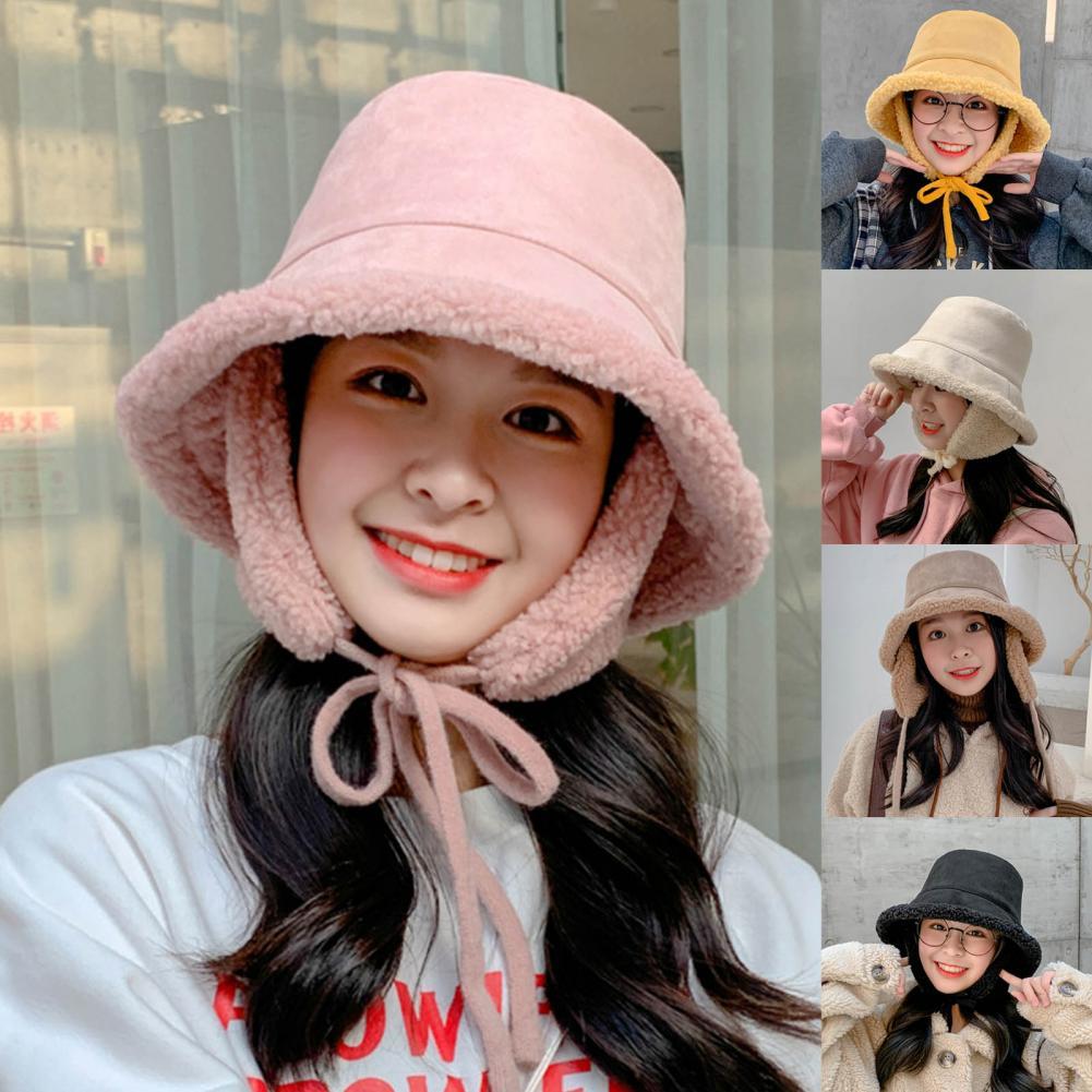 Women Hat Ear Flap Lace Up Bucket Hat Wide Brim Women Solid Color Cashmere Lined Fisherman Cap for Autumn Winter