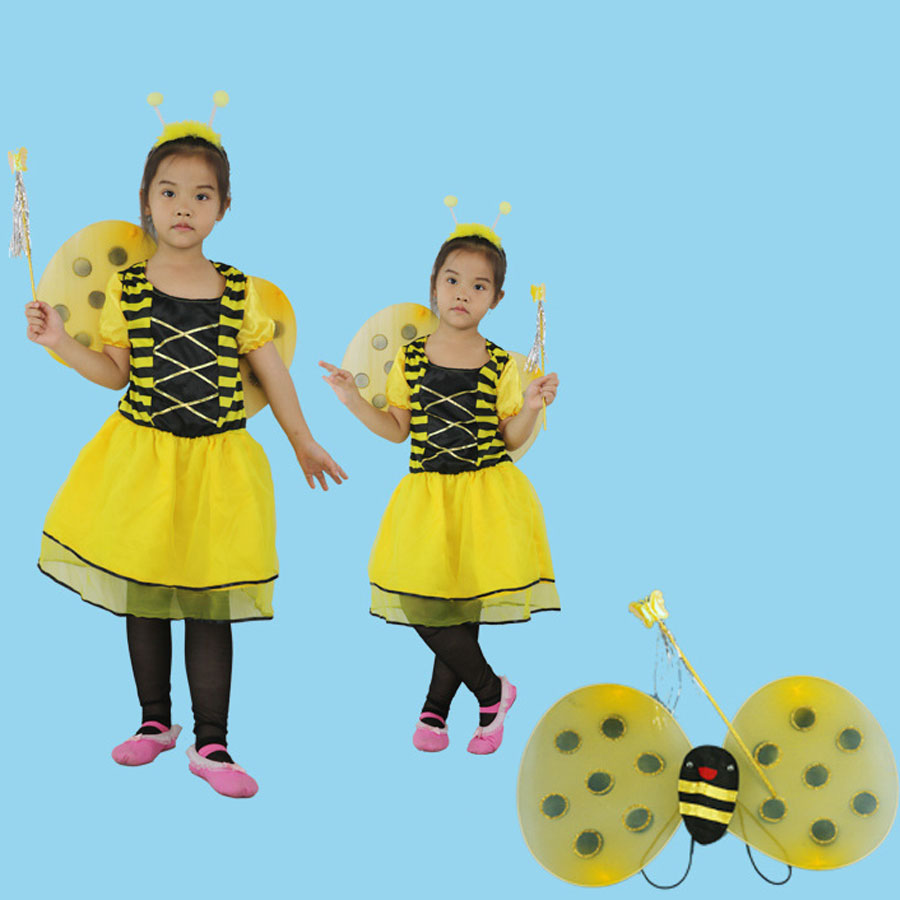 Yellow Bee Costume Dress Wing Magic Wand Headband Accessories Set for Girls Kids Carnival Dress Up Cosplay Birthday: M