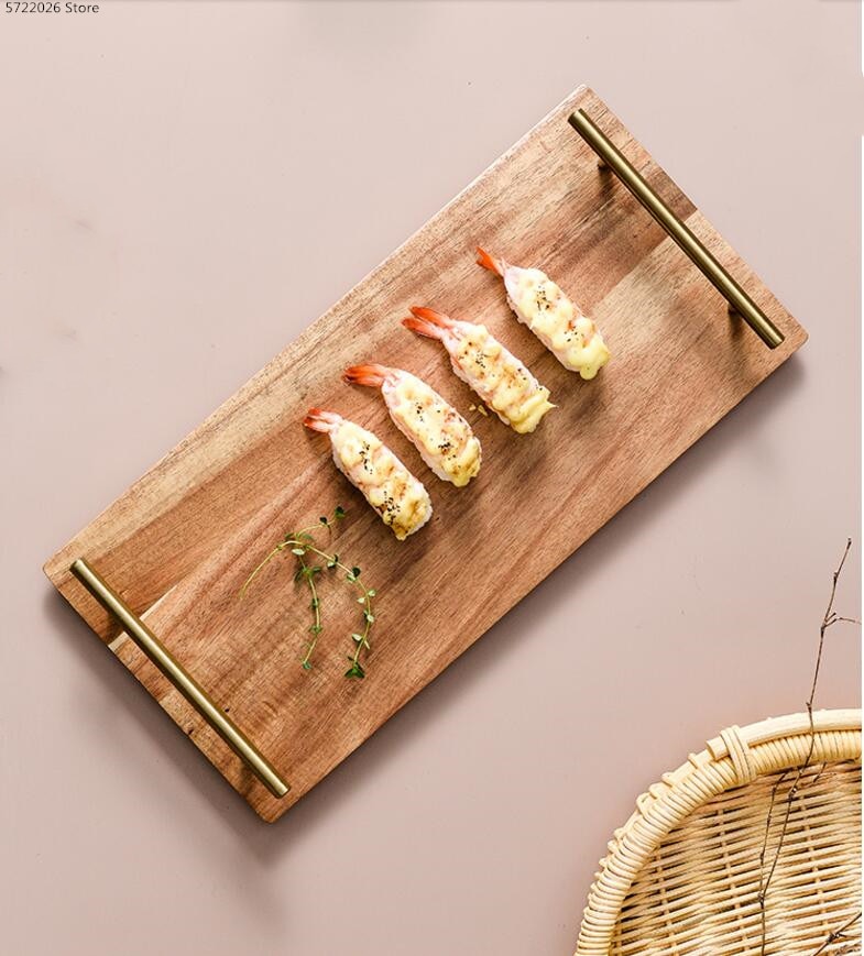 Nordic wooden dinner plate tray living room rectangular acacia wood copper handle tray household tea tray storage tray