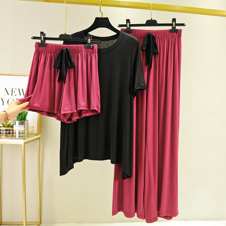 Fdfklak kortärmade shorts + byxor dam 3 st hemdräkt sommarpyjamas modal nattkläder pyjamas femme sovkläder