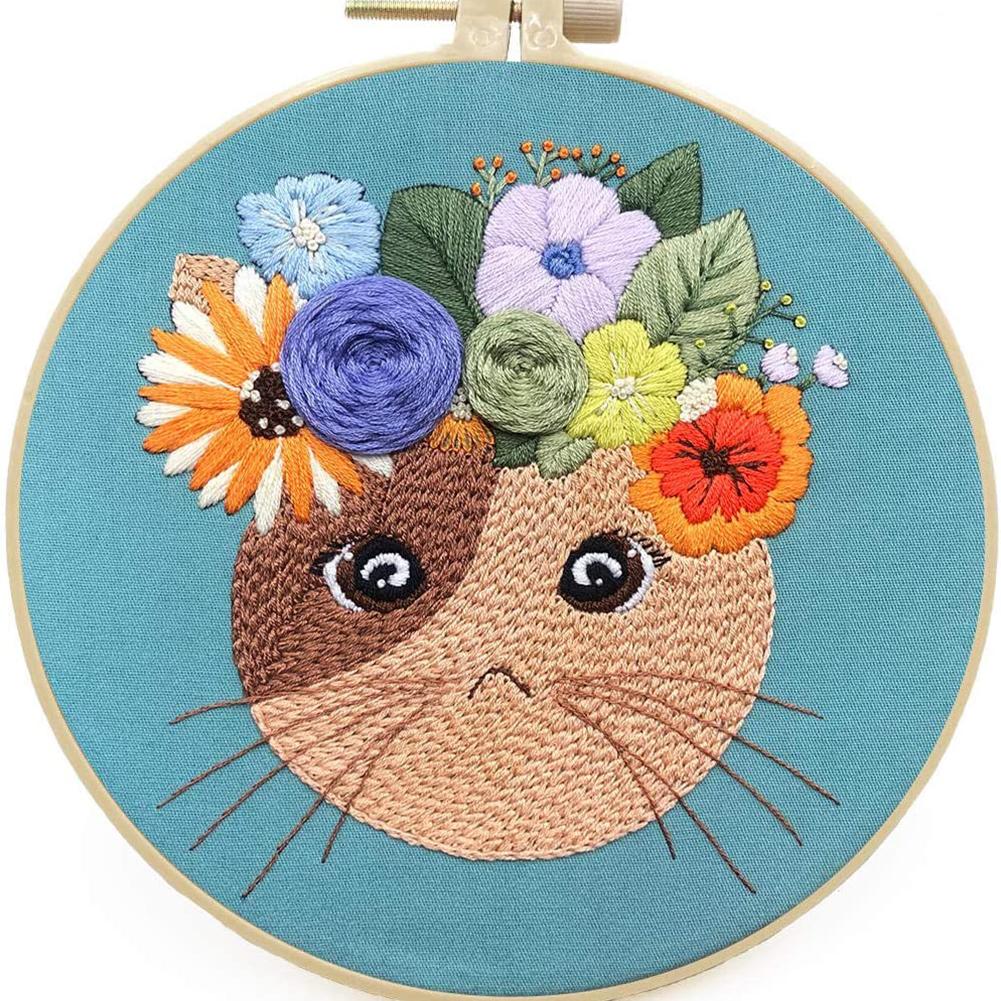 Hand Beginner Embroidery Kit Easy Cross Stitch Kits With Pattern Animals Cat DIY Embroidery Include Hoop Thread and Needle Tool: Blue