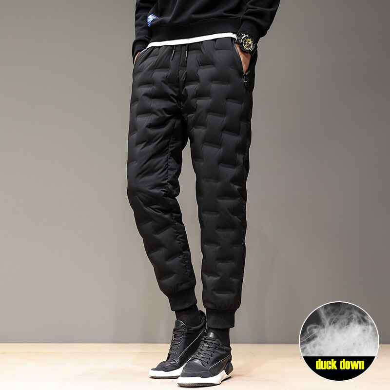 Pantalones con relleno de plumas blanco para hombre, pantalones gruesos de invierno a prueba de viento, pantalones elásticos delgados a prueba de rasguños, pantalones de senderismo para acampar al aire libre