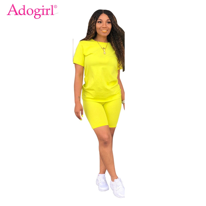 Adogirl Solid Casual Two Piece Set Women Tracksuit O Neck Short Sleeve T shirt Top + Shorts Sportswear Female Clothing