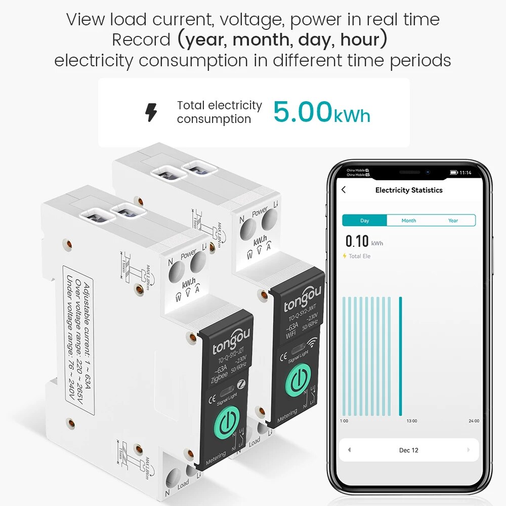 Disyuntor inteligente TUYA WiFi/ZigBee MCB, protección contra sobrecorriente y bajo voltaje, medición de energía, interruptor de Control remoto de 1-63A