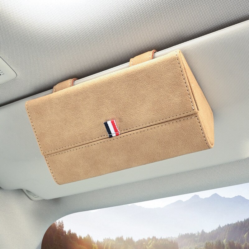 ZK30 Auto Zonnebril Houder Zonneklep Auto Zonnebril Case Organizer Glazen Opbergdoos Turn Bont Lederen Auto Accessoires 4 Kleuren: A Cream-colored