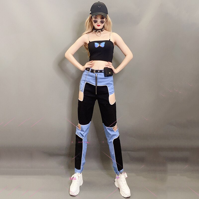 Hip Hop Street Dance Performance Costume Female Jazz Dancing Practice Clothing Stitching Blue Trousers Nightclub Suit DNV13082