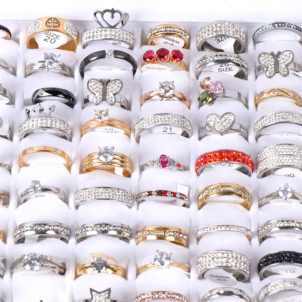 20 Stks/partij Kleurrijke Crystal Rhinestone Rvs Hart Liefde Ringen Voor Vrouwen Mix Stijl Bruiloft Sieraden