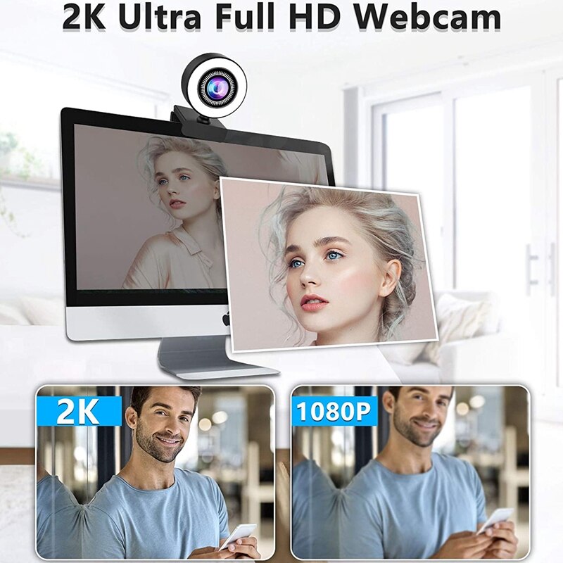 Webcam Ring Light Adjustable Ring Light Web Camera Auto Focus Camera Built-in Mic for Live Broadcast
