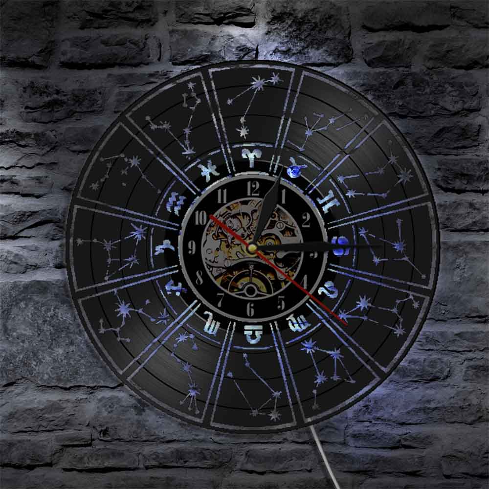 Zodiac Sign Wall Clock Astrology Stars Vinyl Record Wall Clock with Illuminated LED Light Living room Home Decor Zodiac