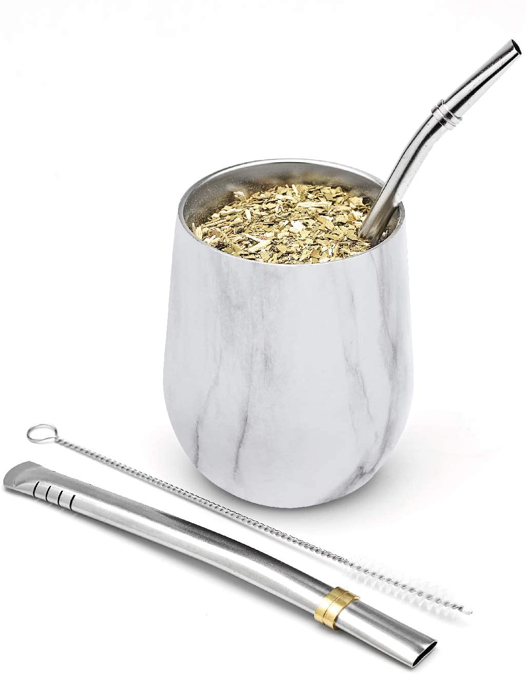 Moderni mate kuppi ja bombilla setti (yerba mate kuppi) -yerba mate setti kaksiseinämäiset 18/8 ruostumatonta terästä: Marmori