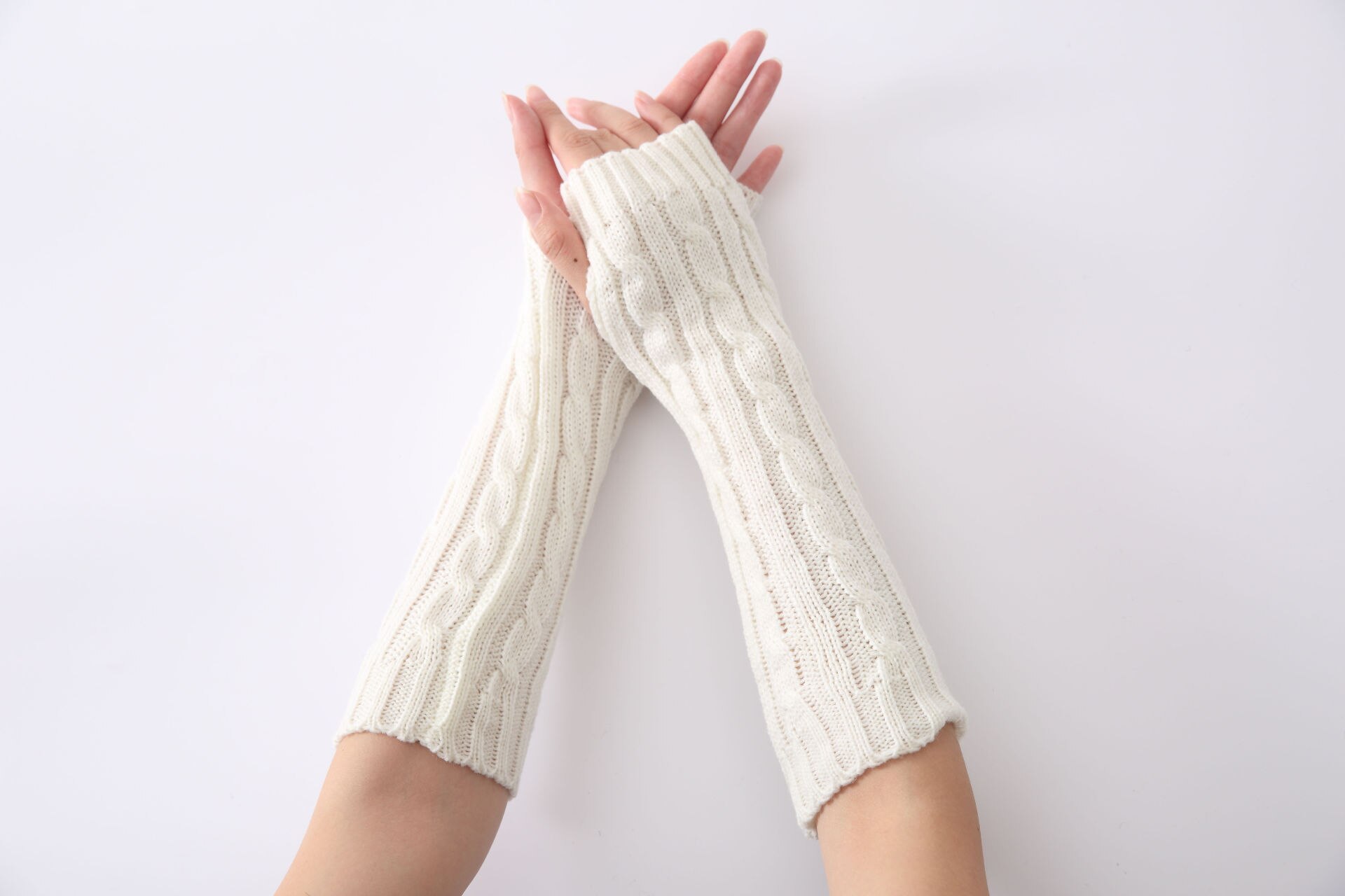 Frauen Winter Handgelenk Arm Gestrickte Lange Fingerlose Weiche Solide Strick Warme Handschuhe Ellenbogen Gestrickte Ärmel Radfahren Handschuh: Weiß