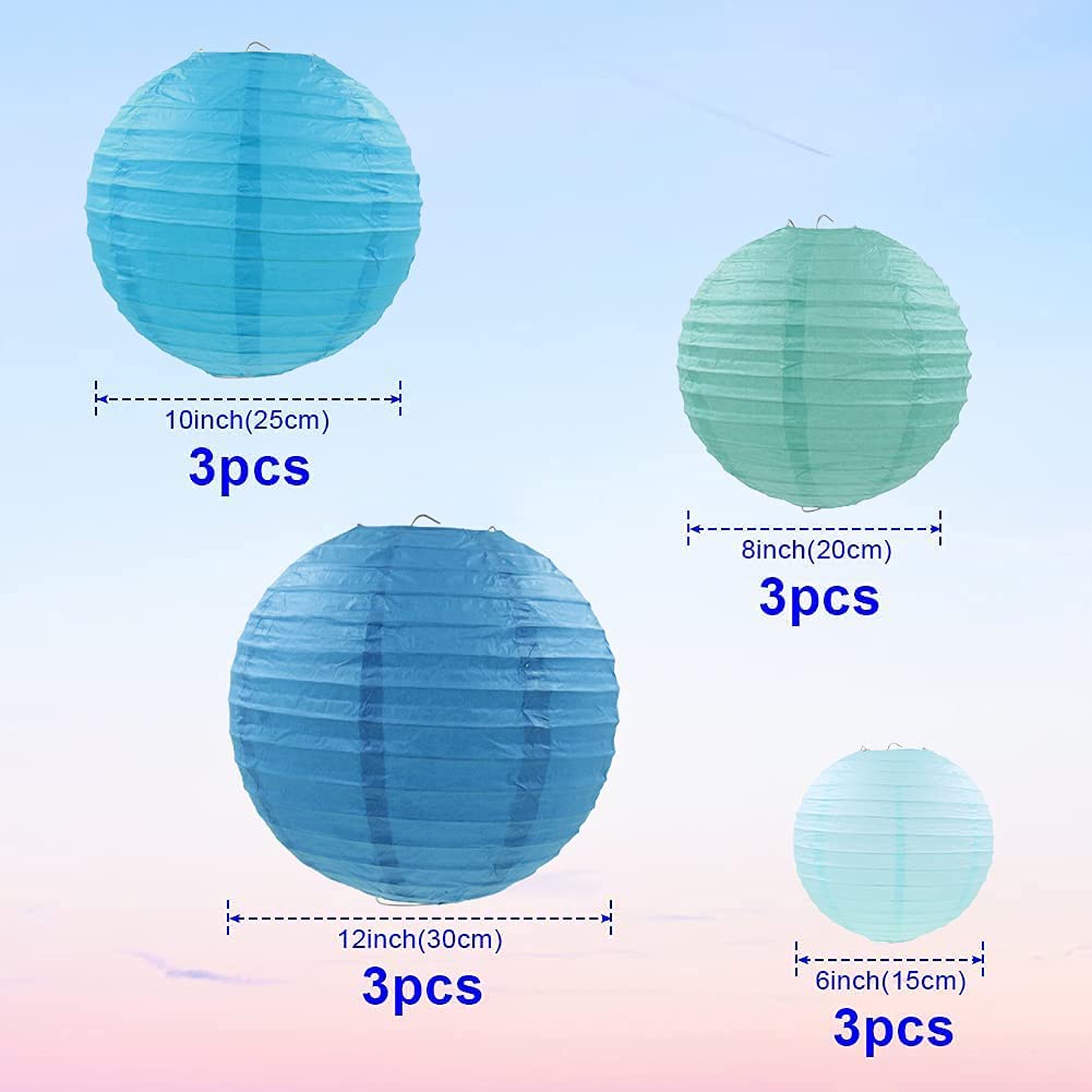 Juego de linternas de papel azules de 12 piezas, decoración colgante de papel redondo chino, lámparas de bola para decoraciones del hogar de 6 "8" 10 "12"