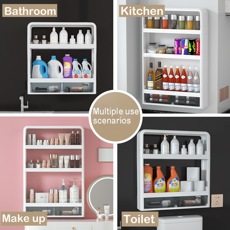 Estante montado en la pared para baño, organizador de cosméticos multifuncional para almacenamiento de artículos de tocador, botellas de condimentos de cocina