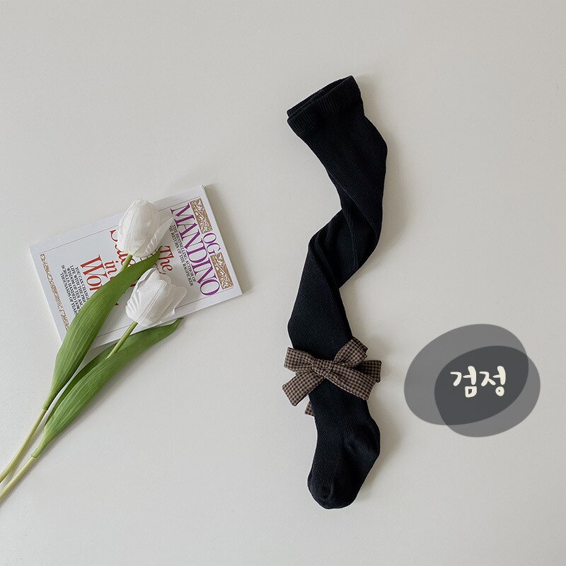 Meia-calça infantil de algodão, calça legging branca de outono com dupla agulha xadrez e laço para meninas: 4 Black / L (2-4T)